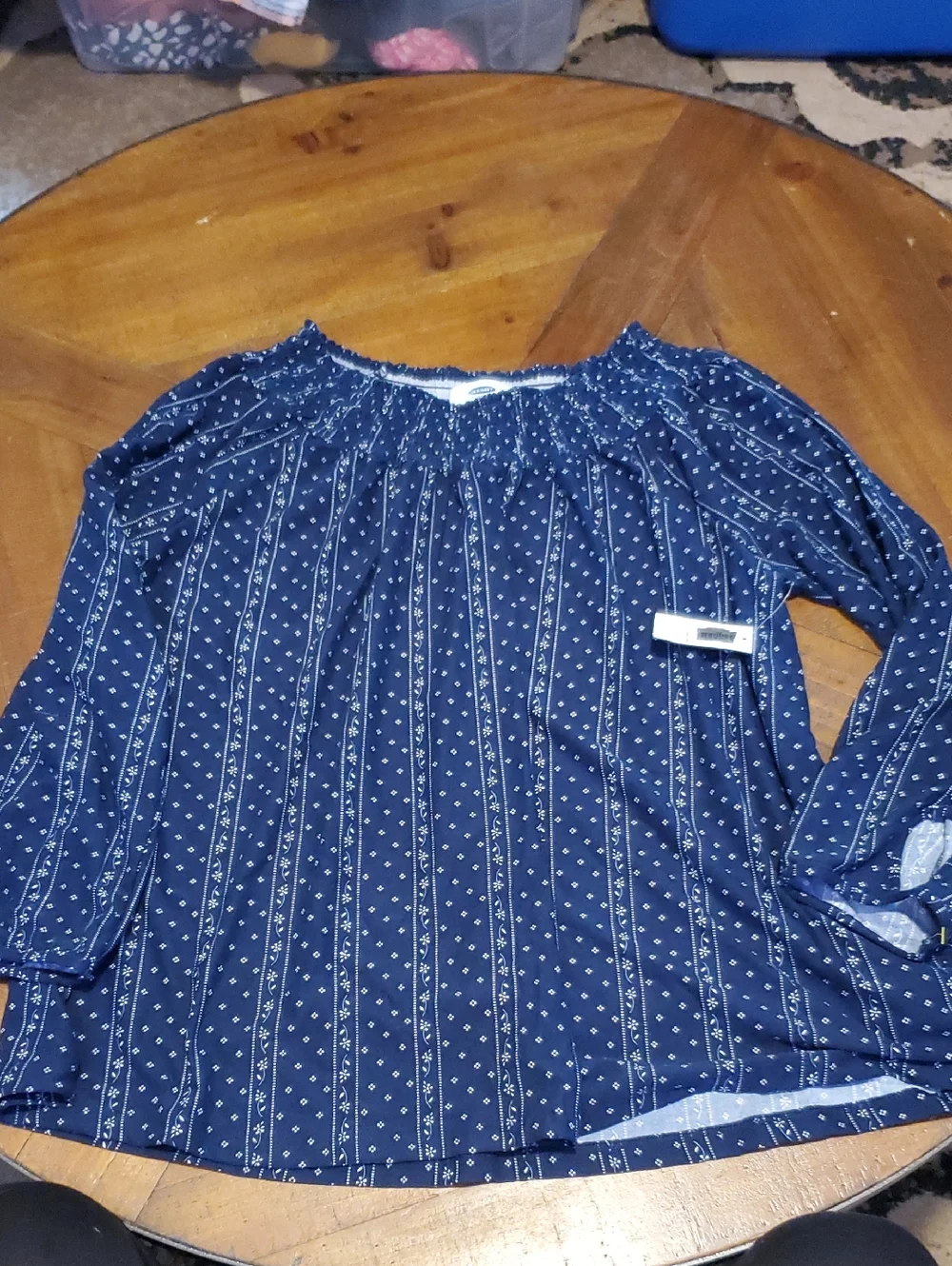 Old Navy Navy Blue Printed Long Sleeve Peasant Top
